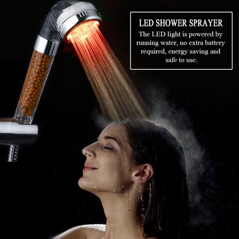 Pommeau de douche à main pour salle de bain avec lumière LED alimentée par l'eau et particules anioniques (multicolore) (1/5)