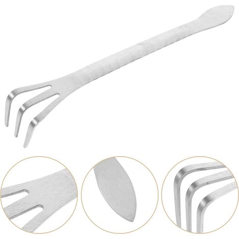 Râteau de jardin en acier inoxydable, petit modèle à 3 dents, outil pour bonsaï et racines, idéal pour ameublir la terre, désherber et planter dans les petits jardins. (1/5)