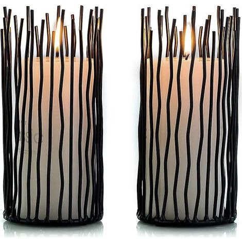 Lot de 2 bougeoirs colonnes en métal, style saule, avec éclairage LED sans flamme, noirs. (1/4)
