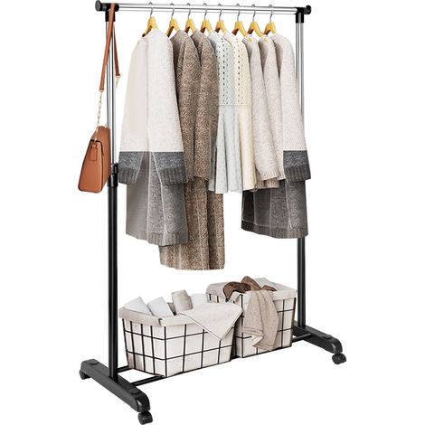 Youyijia Clothes Rail Rack, Small Metal Clothing Rail for Bedroom Adjustable Mobile Tidy Hanging Rail Garment Coat Storage Stand on Wheels, Clothes Rack with Castors Shoe Rack for Home Holiday Black (1/5)