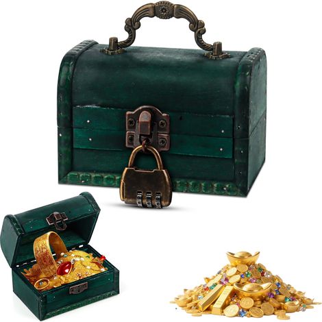 Vintage Mini Coffre Trésor Boite Bois, Coffre au Trésor en Bois avec Serrure à Combinaison, Petit Coffre de Pirate, Tirelire, Boîte à Bijoux, pour conservation et décoration, Vert (1/5)