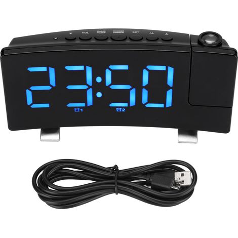 Réveil numérique avec projection à 180° sur plafond/mur, alimentation USB, pour chambre, dormeur profond, enfants et seniors, affichage en bleu. (1/5)