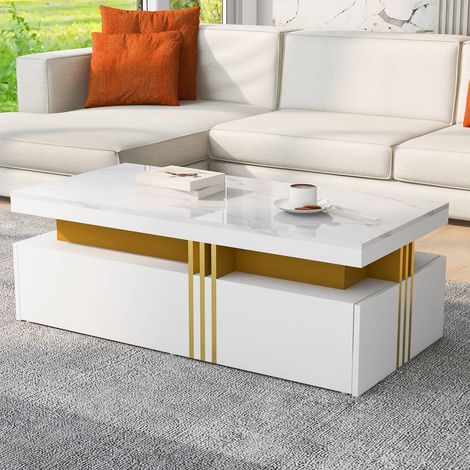 Table basse 100 x 50 x 40 cm rectangulaire moderne, avec plateau effet marbre et 2 tiroirs en bois (1/5)