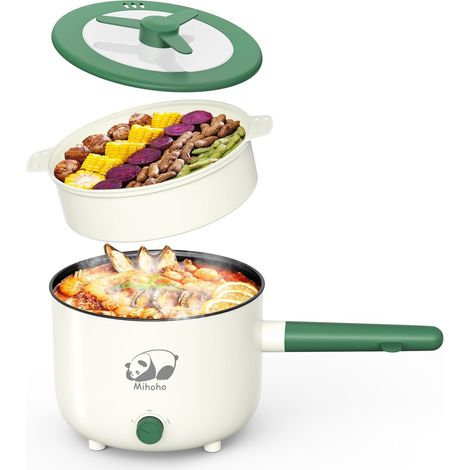 Marmite électrique avec cuiseur vapeur, poêle antiadhésive portable avec double contrôle de puissance, cuiseur électrique Shabu Shabu pour nouilles, flocons d'avoine, pâtes, ramen, 1,5 L (vert) (1/5)