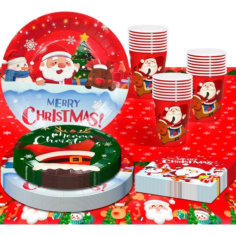 Vaisselle de Fête de Noël, 65pcs Vaisselles Set - Assiette Thème Carton, Serviette en Papier (1/5)
