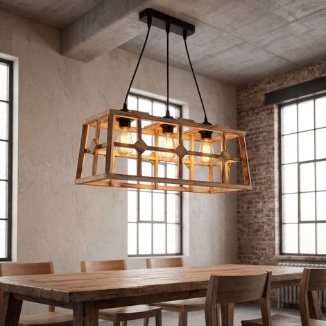 Hängeleuchte Metall Holz H: max. 115 cm Schwarz geflammtes E27 3-flammig länglich Modern Hängelampe