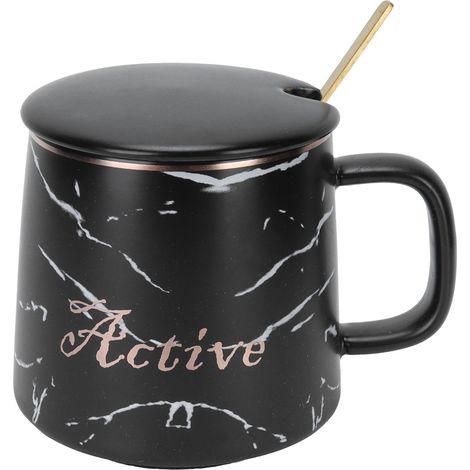 Tasse en Céramique à Motif Marbre avec Cuillère et Couvercle, Idéale pour Maison, Bureau et Voyage - Noir (1/5)