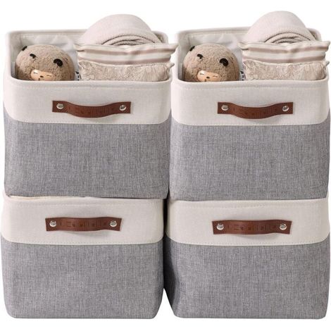 paniers de rangement pliables en tissu cationique robuste et pliable avec poignées pour étagère pour chambre d'enfant ou penderie (Gris et blanc, Large - 4 Pack) (1/5)