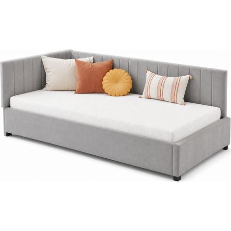Lit banquette convertible 90 x 200 cm en velours gris, avec sommier à lattes, dossier réversible, style mid-century pour chambre d'appoint  CHICFURN (1/5)