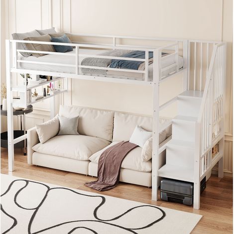 Cama alta infantil 90x200 cm blanca de metal y MDF con estantes, escalera con almacenaje y barandilla (1/5)