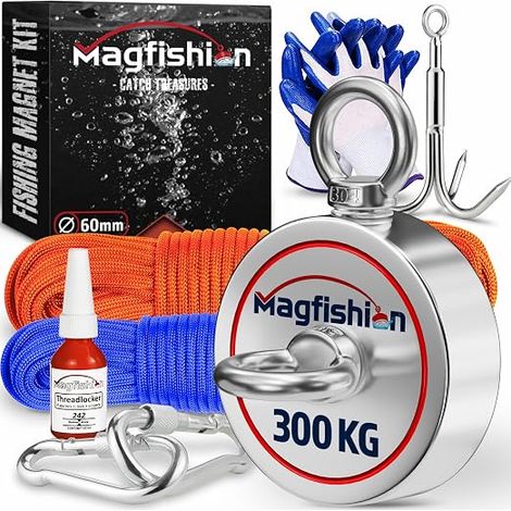 Aimant Neodyme - Traction de 300KG - Aimant de Pêche - Ø60mm - Peche a l'aimant avec Cordes, Crochet et Gants - Kit de Pêche Magnétique (1/5)