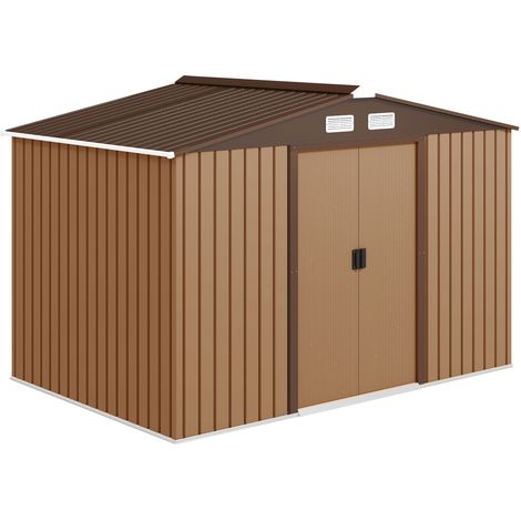 Outsunny 9 x 6ft Metal Garden Shed, Outdoor Storage Tool House with Ventilation Slots, Foundation Kit and Lockable Double Doors, Light Brown