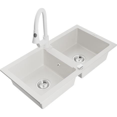 Mexen Mario fregadero de granito de 2 senos con grifo de cocina Elia, blanco - 6504-20-670101-20 (1/5)