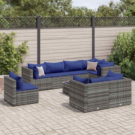 9-tlg. Garten-Lounge-Set mit Kissen Grau Poly Rattan (1/5)