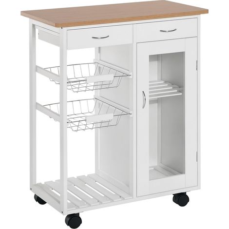 Chariot de cuisine multifonctionnel, desserte à roulettes pour chambre à coucher avec étagères, paniers et tiroirs, 70 x 37 x 85 cm, bois