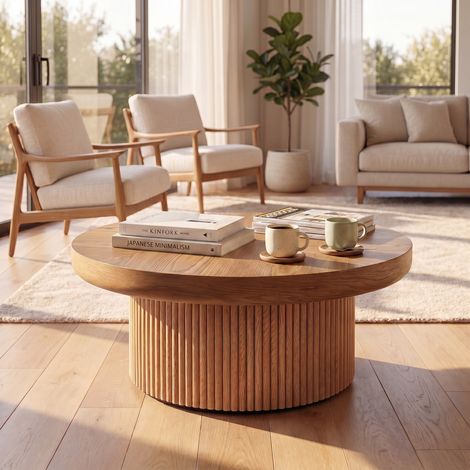 Tavolino da salotto rotondo - 78 x 78 x 38.5 cm - piano effetto parquet, base cilindrica scanalata, stile moderno, mdf legno - naturale (1/5)