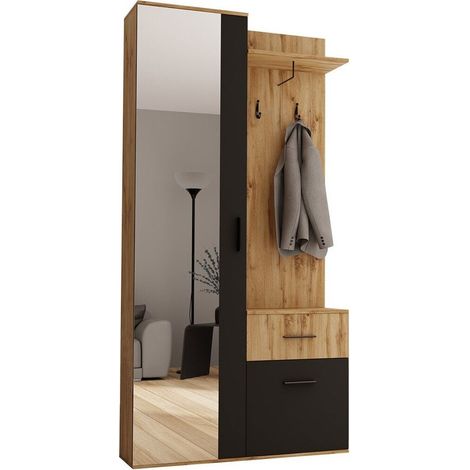 Mobilier1 – Meuble d'entrée Stanton – 195x97x28 cm – Miroir stratifié noir et chêne Wotan – Installation murale recommandée