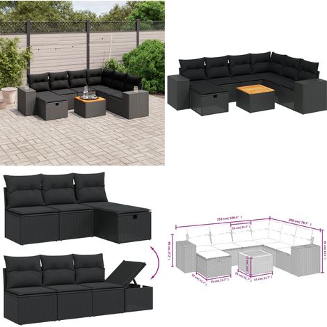 Salon de jardin 8 pcs avec coussins noir résine tressée - Ensemble Salon De Jardin - Mobilier De Jardin - Canapé Extérieur - Chaise Extérieure - Table Basse Jardin - Home & Living (1/5)