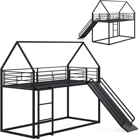 Structure de lit Mezzanine 90 x 200 cm, pour Enfants, lit avec Bande, sommier en métal, Toboggan, escalier, Espace de Rangement, lit superposé Montessori pour Chambre, dortoir (Blanc) (1/5)