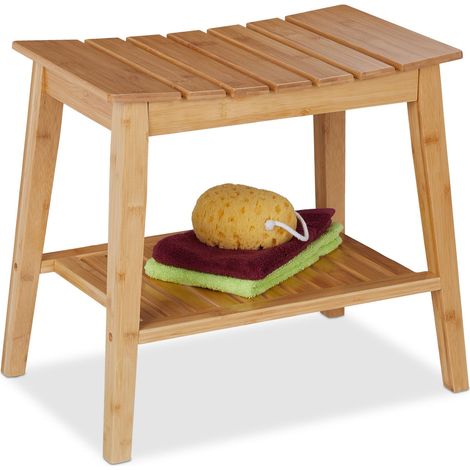 Relaxdays Sgabello da Bagno con Ripiano, Mobiletto in Bambù, 45 x 51,5 x 34 cm, Sgabellino per Corridoio, Marrone Chiaro (1/6)