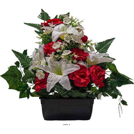 Jardinière de Roses fleurs artificielles pour le cimetière H 50 cm Lg 50 cm Rouge-orange - couleur: Rouge-orange