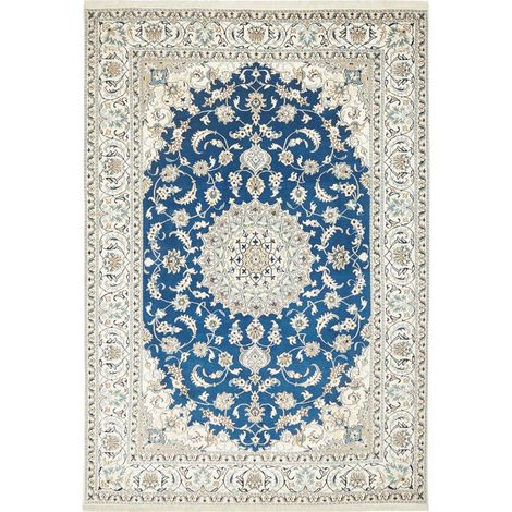 Tapis d'orient 203 x 294 cm, oriental, bleu, beige et crème, en laine nouée à la main, authenticité artisanale (1/5)