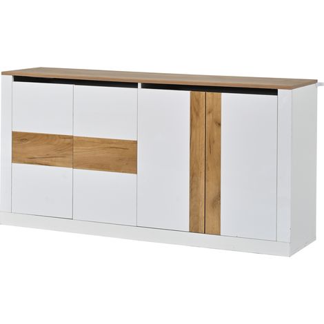 Buffet LED 4 portes blanc brillant effet chêne, 140 x 35 x 70 cm, éclairage RGB connecté et étagères réglables (1/5)
