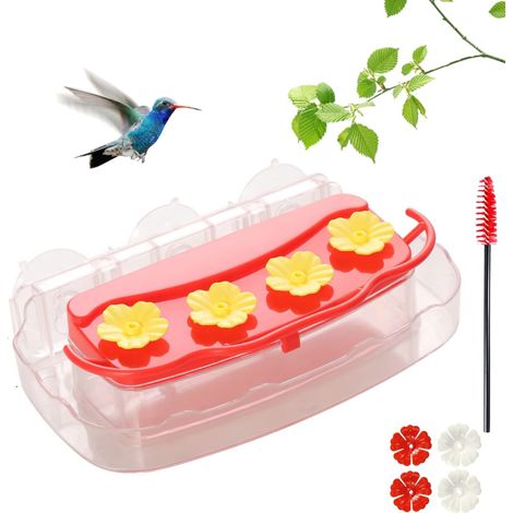 Mangeoire à colibris fenêtre ventouse puissante, plastique extérieur, rigole, nettoyage facile (280 ml, rouge)