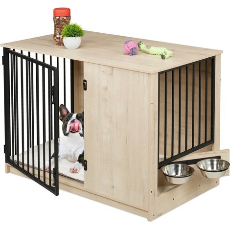 Jaula para perros de interior, efecto madera, 2 cuencos, tamaño mediano