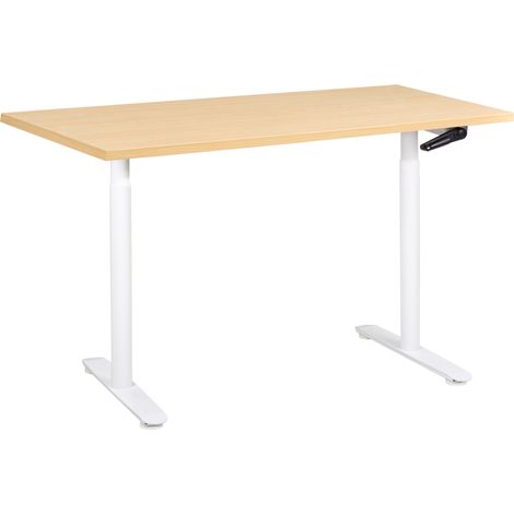 Escritorio de altura regulable manual oficina moderna patas redondas 120 x 60 cm tablero marrón claro base de acero blanca Destinas