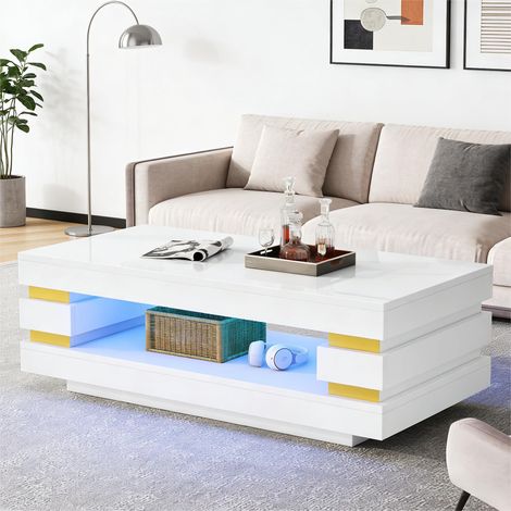 Table basse 100x50x35cm centre creux avec rangement,éclairage LED brillant. Idéale petit appartement,couleur blanche.