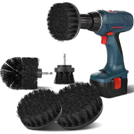Lot de 4 brosses de nettoyage pour perceuse, brosses rotatives de 2''/3,5''/4''/5'' pour perceuse électrique, brosses de nettoyage à poils durs pour métaux et taches d'huile (noir) (1/5)