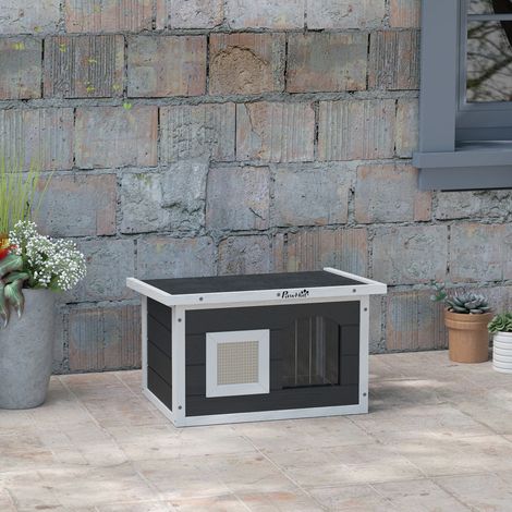 Casetta per gatti, rifugio per gatti e conigli, casetta in legno con tiragraffi, sportello, 61 x 45 x 36,5 cm, grigio (1/5)
