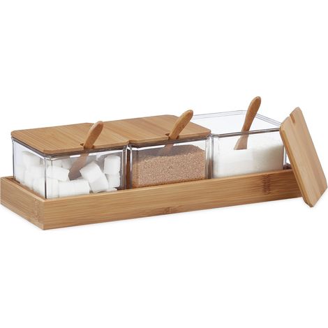 Relaxdays Contenitori per Spezie, Set da 3, Barattoli in Plastica, Coperchio, Cucchiaini e Vassoio in Bambù, Trasparente (1/5)