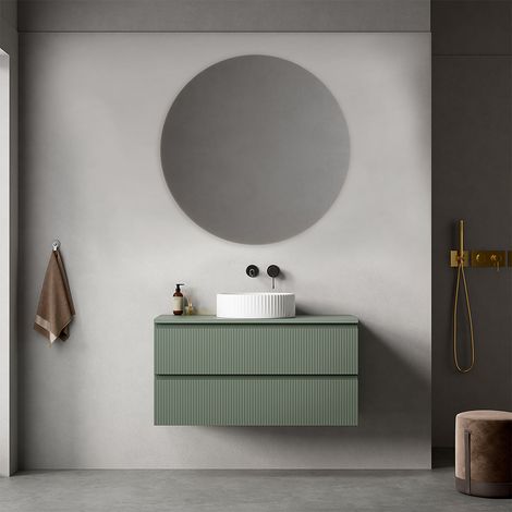 Mobile bagno sospeso cannettato 100 cm Verde Salvia per Lavabo d'appoggio Specchio Tondo - Fiji Paint Top Canneté (1/4)