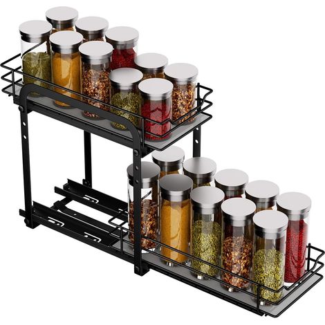 1 Étagère à épices extensible, 2 étages, hauteur réglable, paniers amovibles, organisateur d'armoire de cuisine