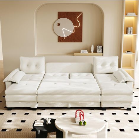 Canapé convertible en U de chenilla beige 278 cm, modular con cama extraíble y USB (1/5)