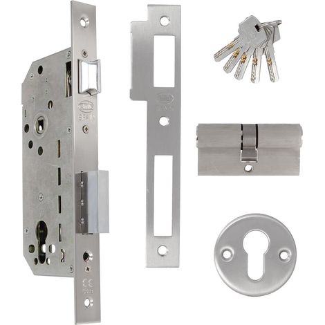 Serrure à encastrer Mod.340 avec cylindre - Serrure de sécurité pour porte en bois - Fermeture fiable et installation facile - Axe 50 mm - Acier - Finition nickelée (1/5)