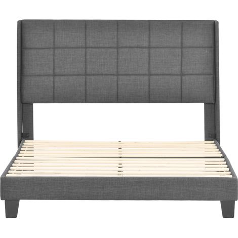 Lit double capitonné 140x200 cm, tête de lit matelassée, en lin gris, fermeté mi-dure, avec sommier à ressorts intégré (1/5)