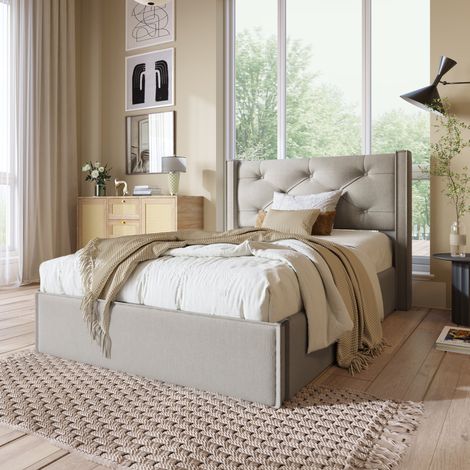 Lit coffre 90x200 cm en coton gris clair avec sommier à lattes et matelas, cadre métal (1/5)