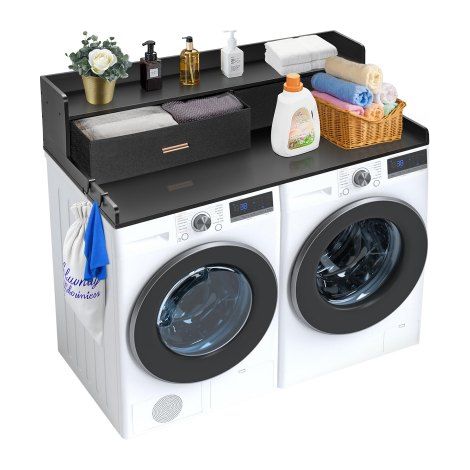 Arbeitsplatte für Waschmaschine & Trockner mit 2 Schubladen & 2-stufigem Regal, Arbeitsplatte (1370 x 700 x 305 mm) Holz für Waschmaschine und Trockner mit rutschfesten Pads, wasserabweisend (1/5)