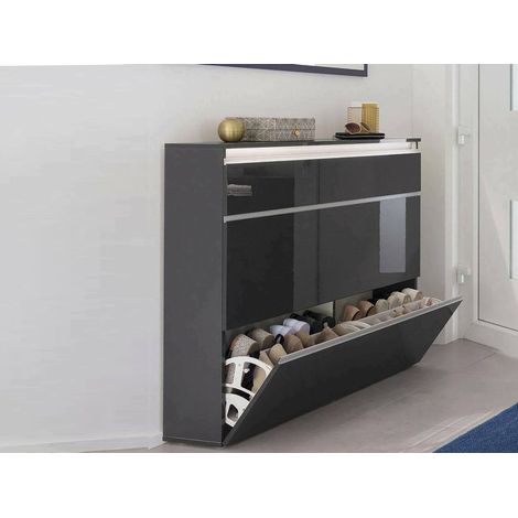 Dmora - Scarpiera Amuri, Mobile multiuso a 2 ante e 1 anta a ribalta, Portascarpe da ingresso, 100% Made in Italy, cm 120x27h108, Antracite lucido (1/5)
