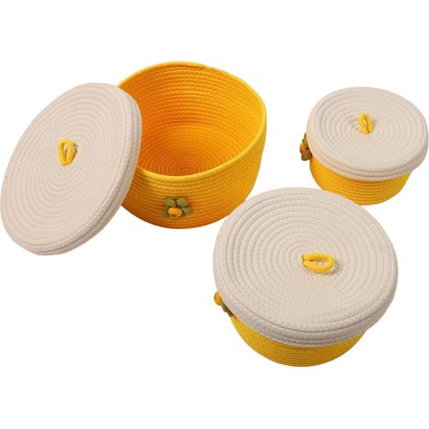 Paniers en Corde De Coton 3 Pièces, Paniers De Rangement Ronds Tissés De Couleur Vive avec Poignée De Couvercle De Différentes Tailles pour Chambre à Coucher, Bureau Et Famille(Jaune) (1/5)
