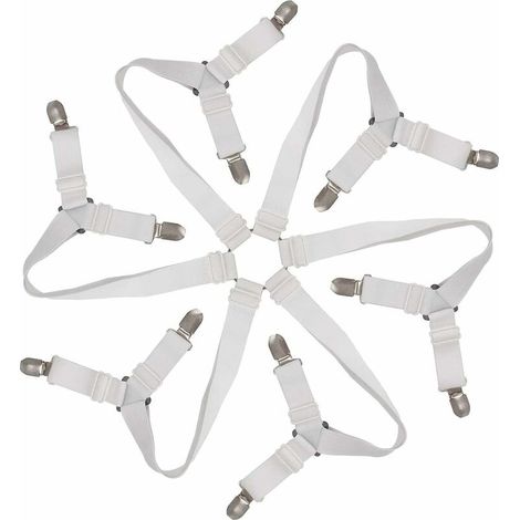 Adjustable 6-Way Elastic Fitted Sheet Straps - Fitted Sheet Fasteners for Round and Square Mattresses (White)