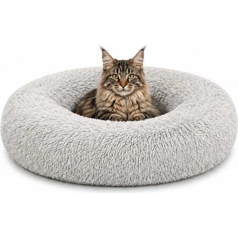 lionto Donut Katzenkissen, rundes Bett mit Plüschbezug & Anti-Rutsch-Boden, erhöhter Rand für Geborgenheit, 60 cm Durchmesser, hellgrau (1/5)