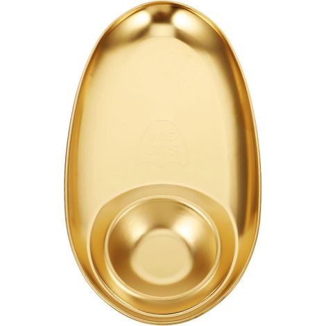 Assiette à apéritif en acier inoxydable, assiette plate moderne en métal, couleur or, 27,70 x 14,00 x 2,00 cm, contient une portion de nourriture. (1/5)