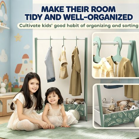 Kids Clothes Rack with Hangers, Storage Shelf for Bedroom, Suitable for Children 3-6 Years Old,Green Themed (1/5)