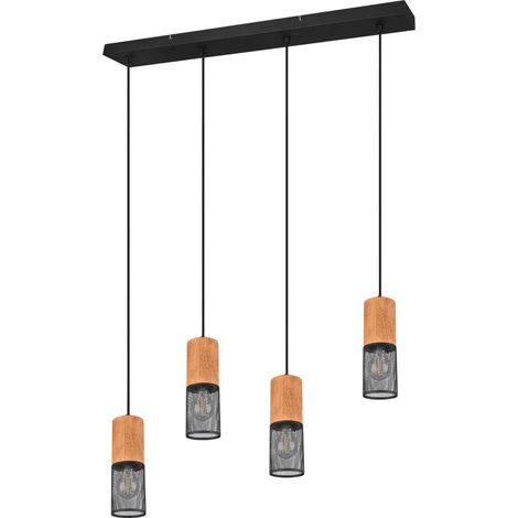 Pendelleuchte Hängelampe Holzleuchte Industriell Esszimmer, 4 flammig, Gitteroptik Metall Holz braun schwarz matt, 4x E27 Fassungen, HxBxT 150x65x