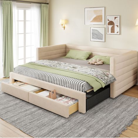 Canapé-lit 90/190 cm beige en coton et lin extensible avec 2 tiroirs (1/5)