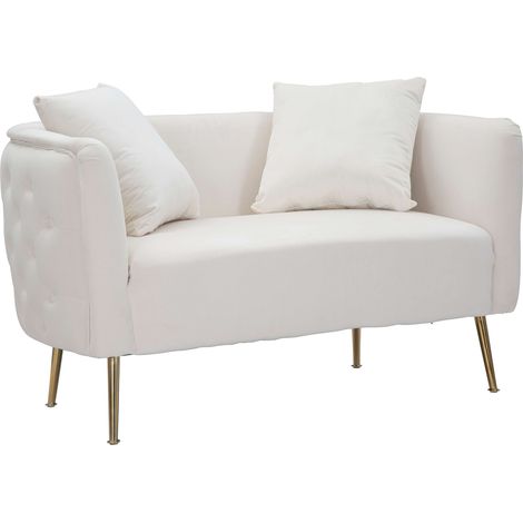 Divano Fisso 2 Posti Dingle, Effetto Velluto, Cuscini Inclusi, Braccioli, 127x74x71h cm Bianco